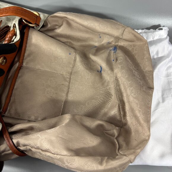 Michael Michael Kors Jet Set Large Logo Leather Gathered Brown Vanilla Tote Bag - Picture 10 of 14